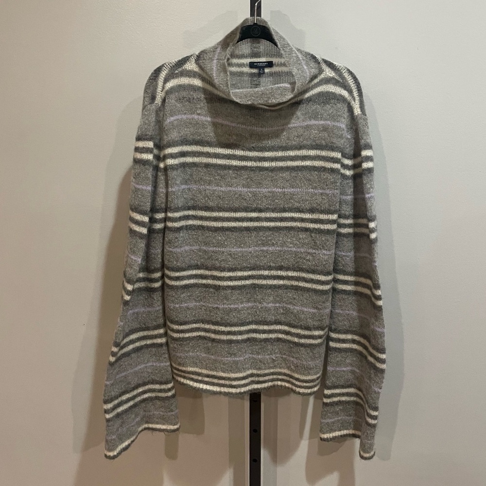 Burberry London Gray Striped Wool Mohair Mock Neck Sweater Size Large